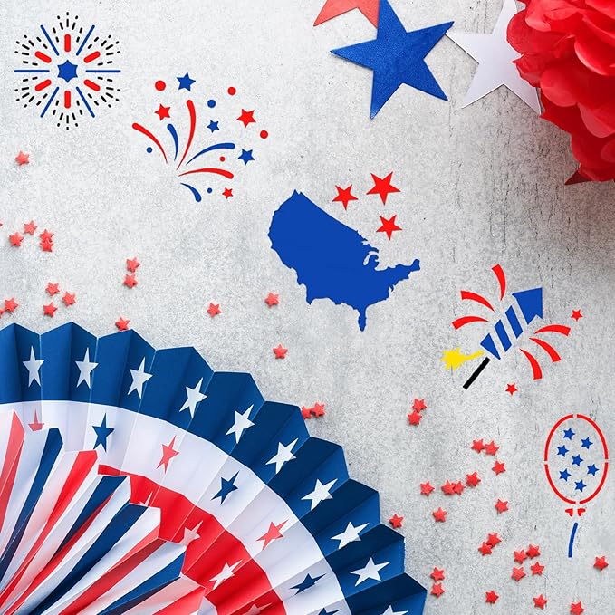 100 Pcs Stencils for Painting on Wood Reusable Stencil Crafts Drawing Templates Holiday Stencils Wall Paper Stencil Set for DIY Art Scrapbook Home Decor 2 x 2 Inch (Patriotic Style)