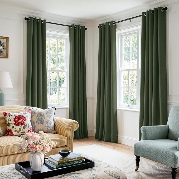 100% Blackout Linen Textured Curtains 90 Inch Long, Loden | 100% Blackout Shield - Image 5