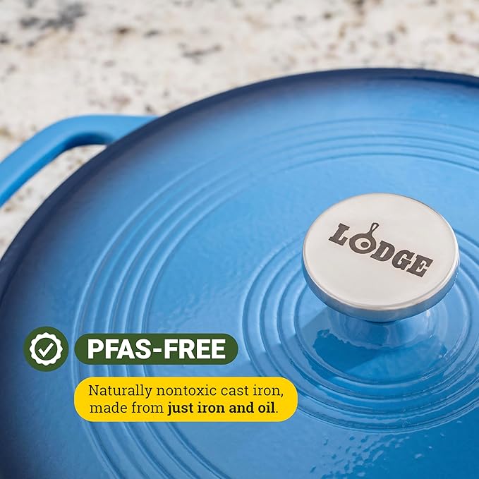 Lodge 3.6 Quart Enameled Cast Iron Oval Casserole With Lid – Dual Handles – Oven Safe up to 500° F or on Stovetop - Use to Marinate, Cook, Bake, Refrigerate and Serve – Caribbean Blue