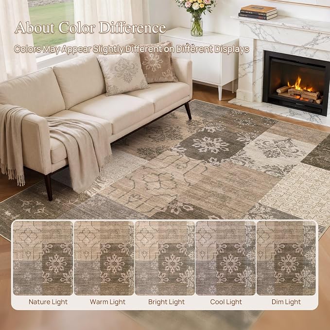 UERMEI 5x7 Area Rug for Living Room, Washable Brown Modern Geometric Patchwork - Image 7