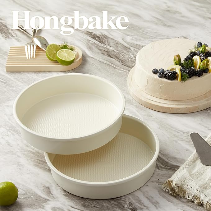 HONGBAKE 9 Inch Round Cake Pan Set of 2, Nonstick Ceramic Coating Cake Molds with Diamond Texture, 0.8 mm Aluminized Steel Cake Pans Sets for Baking & Cheesecake, Heavy Duty & Non-Toxic (Cream, 2PCS)
