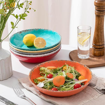 Vintage Pasta Bowl, Melamine Pasta Bowls Set of 6, 42 OZ Large Corlorful Serving Bowl for Kitchen, Dishwasher Safe Salad,Soup,Fruit, Dinner Bowls, Shallow Pasta Plates. Multi-color…