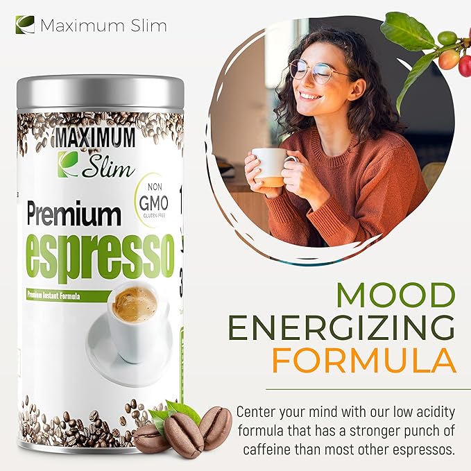 Maximum Slim Premio Instant Espresso Powder – Bold & Rich Flavor 100% Arabica Beans - Non-GMO, Gluten-Free – Premium Medium Roast Coffee 14.1 oz Resealable Jar : Café Instantáneo (Pack of 2)