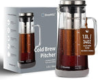 BrewMOO- Airtight Cold Brew Coffee Maker Pitcher, 1.0L/34Oz Thick Glass Carafe with Filter, Comfort Sturdy Handle & Wide Spout, Non-Slip Base | Iced Tea Maker (Grey)