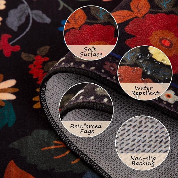 RELEANY Floral Washable Round 8ft Area Rug Black | Flower Carpet Print Boho - Image 3