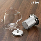 Glass Tea Cup with Infuser and Lid, 14.5oz/450ml Large Borosilicate Glass Teacup with Stailess Steel Filter, Clear Mug for Loose Leaf Blooming Tea, Dishwasher Safe - Tea Maker Gift