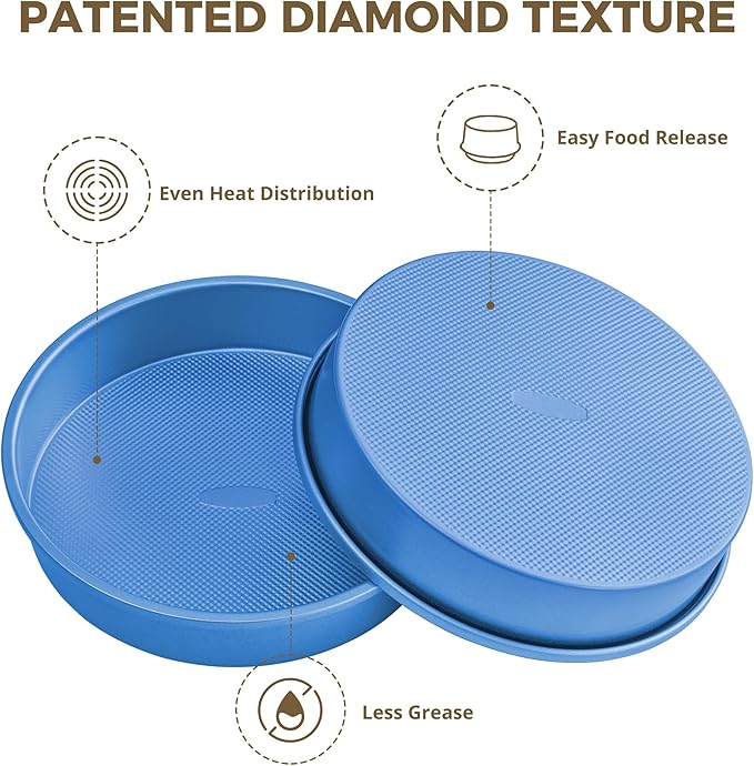 HONGBAKE 9 Inch Round Cake Pan Set of 2, Nonstick Ceramic Coating Cake Molds with Diamond Texture, Aluminized Steel Cake Pans Sets for Baking & Cheesecake, Heavy Duty & Non-Toxic (Deep Blue, 2PCS)