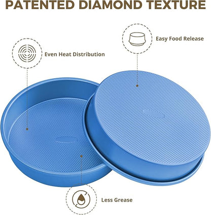 HONGBAKE 9 Inch Round Cake Pan Set of 2, Nonstick Ceramic Coating Cake Molds with Diamond Texture, Aluminized Steel Cake Pans Sets for Baking & Cheesecake, Heavy Duty & Non-Toxic (Deep Blue, 2PCS)