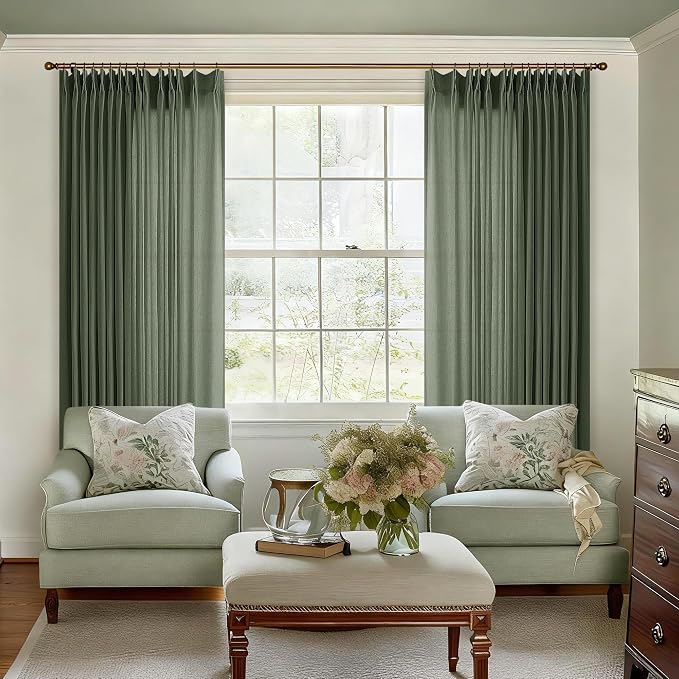 Olive Green Extra Wide Pinch Pleated 100 x 102 Inch Linen Curtains | - Image 9