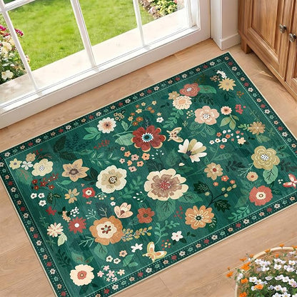 RELEANY Floral Washable 2x3 Area Rugs Doormat DarkGreen | Flower Carpet Print by RELEANY