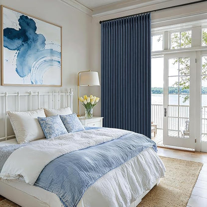 Navy Pinch Pleated Blackout Linen 102 Inch Dual Layer Curtains 2 Panels Set | - Image 8