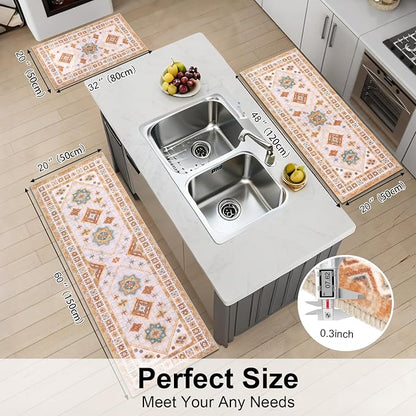 HEBE Boho Kitchen Rugs Set of 3, Non Slip Washable Kitchen Mats - Image 2