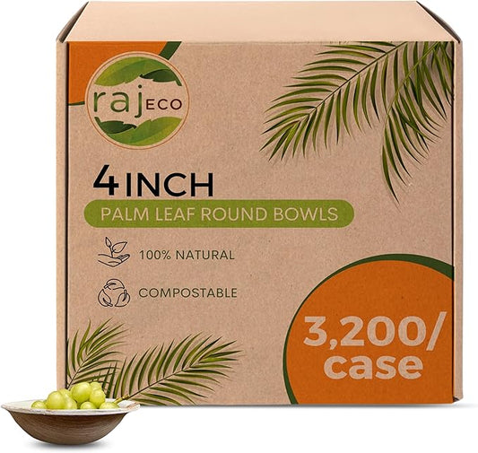 Raj Palm Leaf Bulk Bowls [200-Pack] 4" Round Bowls (16 CASES - 3200 PACK) like Bamboo bowls Disposable, Strong, Decorative Compostable Tableware for weddings, Camping, Outdoor