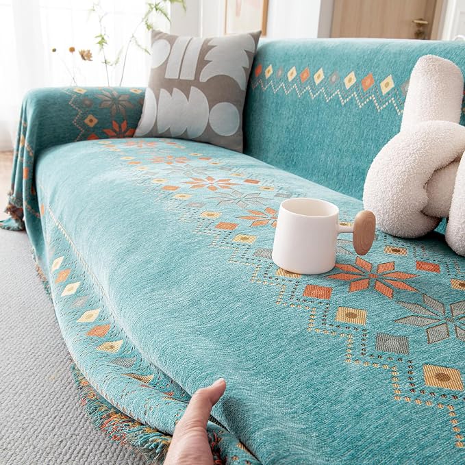 DREAMINGO Teal Boho Couch Cover Jacquard Chenille Sofa Covers Washable 3 Seater - Image 3