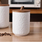 JOJUNO White Ceramic Canister Set with Wooden Lid, 3-Piece Airtight Food Storage Jars for Kitchen Counter - Flour, Sugar, Coffee, Tea, Spice - Small, Medium, Large Sizes - Stone Texture
