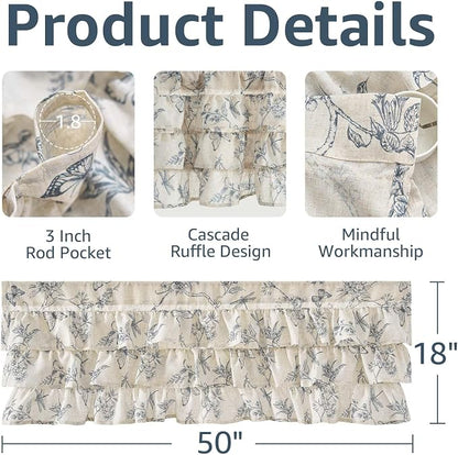 jinchan Ruffled Valance Curtain Linen Floral Kitchen Valance 18 Inch Shabby - Image 5