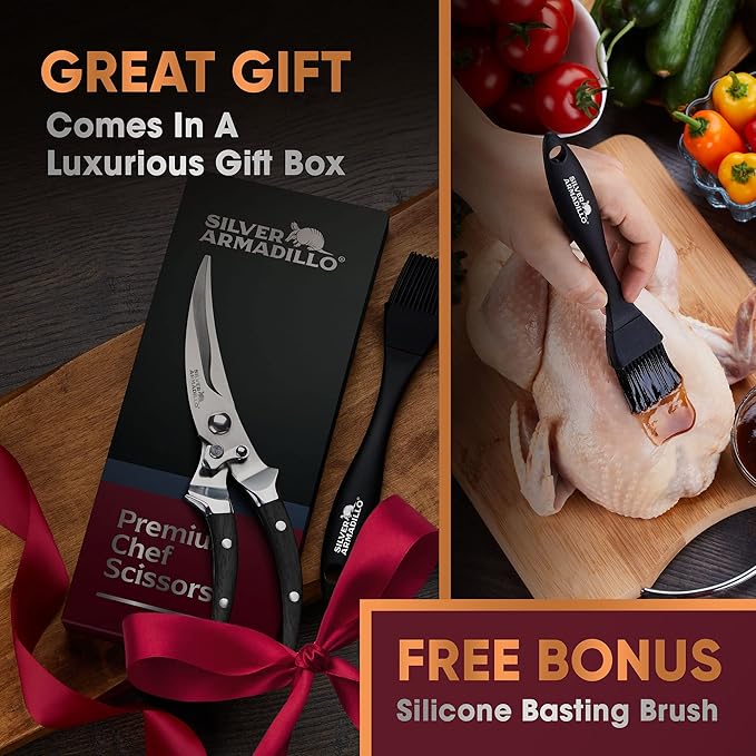 Heavy Duty Stainless Steel Poultry Shears For Bone, Chicken, Meat, Fish, Seafood, Vegetables. Premium Spring Loaded Food Scissors. One piece Kitchen Shears. (Brown Wooden Handles)