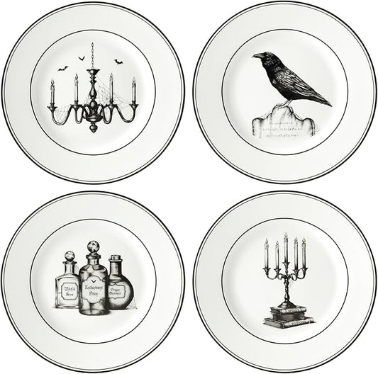 Lenox Dinnerware Set, Vintage Halloween 4-Piece Dessert Plate Set, Assorted, Set of 4 Ivory Porcelain Plates, Dishwasher Safe, Halloween Decor Indoor, Party Table Decorations (Black/White, 4 Piece)