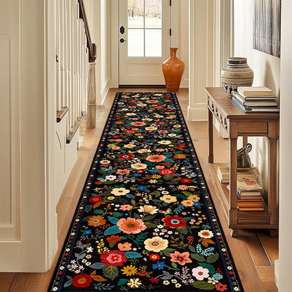 Floral Washable 2x8 Area Rugs Runner Entryway Hallway Black | Flower Carpet - Image 9