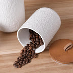 JOJUNO White Ceramic Canister Set with Wooden Lid, 3-Piece Airtight Food Storage Jars for Kitchen Counter - Flour, Sugar, Coffee, Tea, Spice - Small, Medium, Large Sizes - Stone Texture