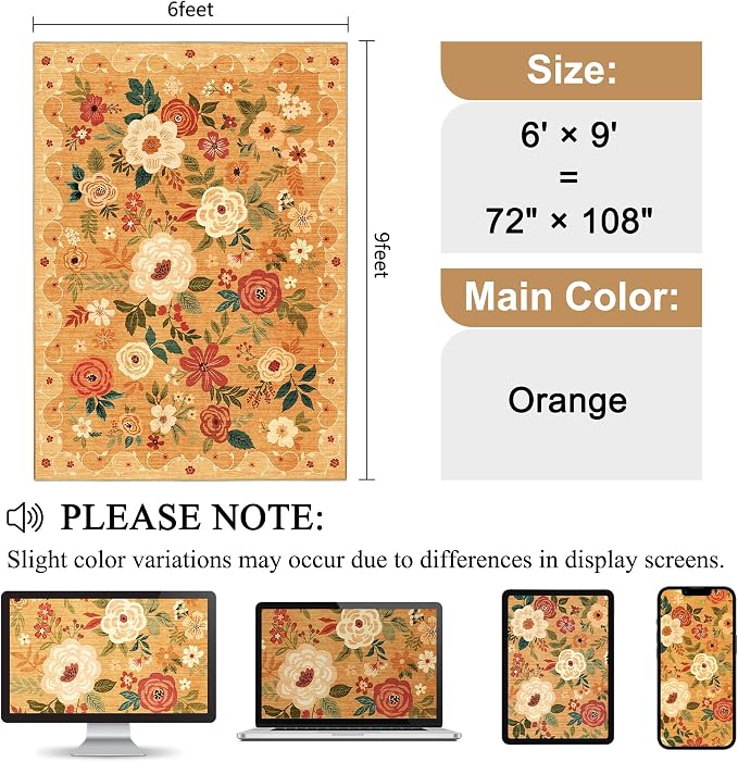 DUKINO 6x9 Area Rugs, Floral Washable Rug - Image 2