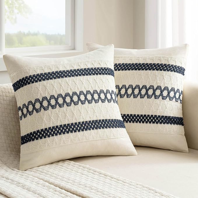 MIULEE Set of 2 Navy Blue Boho Decorative Pillow Covers 20x20 Inch | Farmhouse by MIULEE