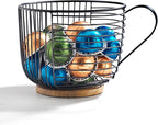 Coffee Pod Holder - Large Capacity Black Wire K Cup Storage with Wooden Base - Modern Coffee Basket Decor for Kitchen Countertop for Keurig Kcups & Espresso Capsules