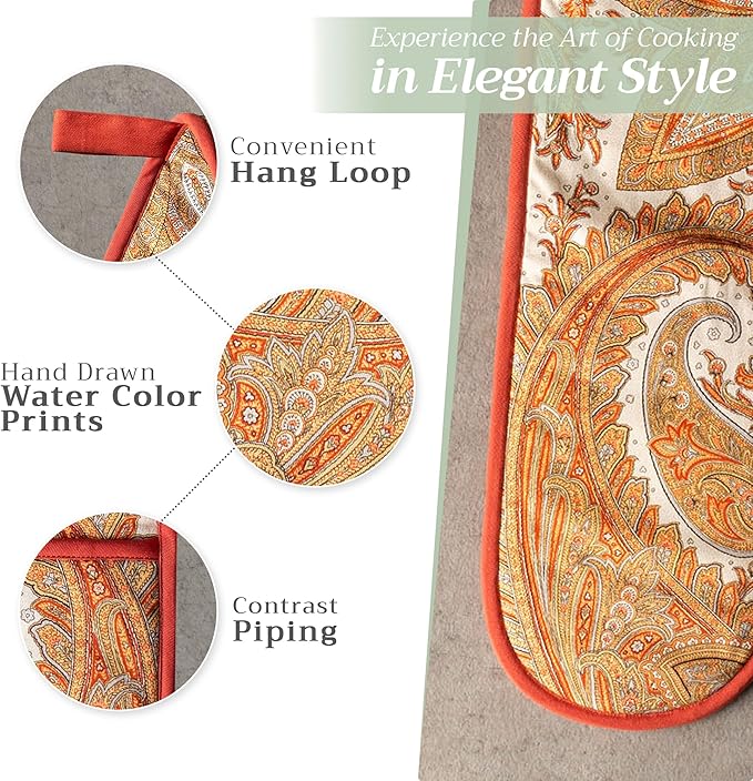 Maison d' Hermine Double Oven Mitts 100% Cotton 7"x35" Double Oven Mitt Heat Resistant BBQ Cooking Gloves with Loop, Baking, Grilling, Home, Kitchen, Handling Hot Pans (Kashmir Paisley)