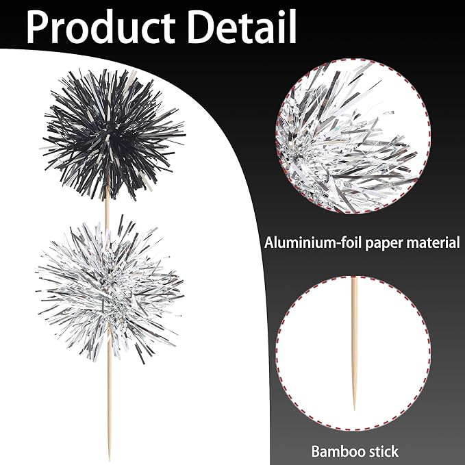 40 PCS Foil Firework Cupcake Toppers Sparkle Tinsel Cupcakae Picks Foil Firework Party Decorations Cocktail Fruit Toothpick for Fireworks Theme Birthday Wedding Graduation Party Decor Black Silver