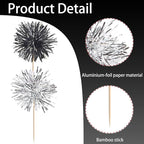 40 PCS Foil Firework Cupcake Toppers Sparkle Tinsel Cupcakae Picks Foil Firework Party Decorations Cocktail Fruit Toothpick for Fireworks Theme Birthday Wedding Graduation Party Decor Black Silver