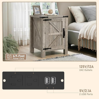 OKD Nightstand with Charging Station, 18 Inch Farmhouse End Table with Barn - Image 6