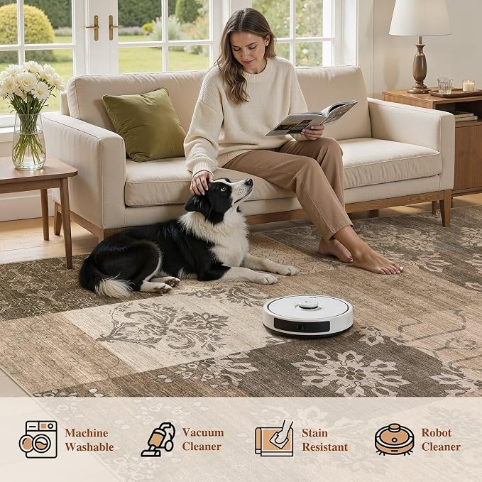 UERMEI 5x7 Area Rug for Living Room, Washable Brown Modern Geometric Patchwork - Image 5