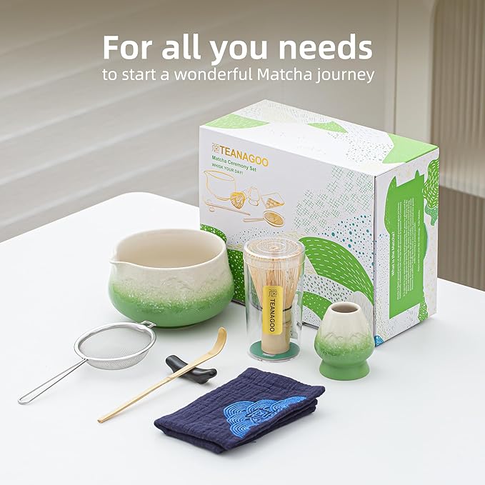 TEANAGOO 7 Pcs Matcha Whisk Set,Green Matcha Set, Ceremony Matcha Powder Kit,Matcha Tea Set for Making Latte,Matcha Whisk Set and Bowl with Scoop&Sifter,Fuji Design Ceramic Bowl,Gift for Matcha Lovers