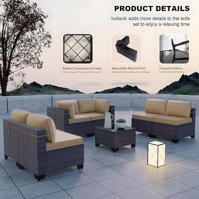Kullavik 7 Pieces Outdoor Patio Furniture Set, Sectional Rattan Sofa Set Brown - Image 5