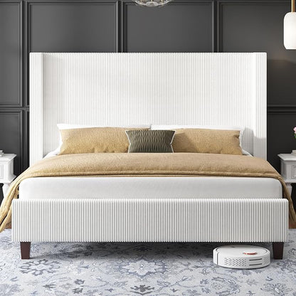 HOWE King Size Bed Frame with 50.8" Tall Wingback Headboard, Modern Corduroy - Image 3
