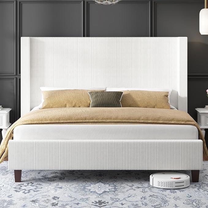 HOWE Queen Size Bed Frame with 50.8" Tall Wingback Headboard, Modern Corduroy - Image 3