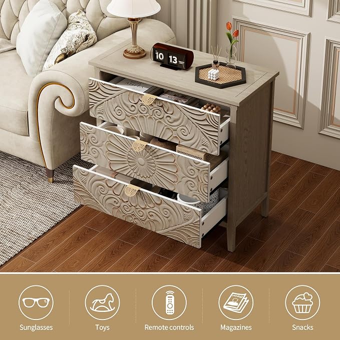 Carved 3 Drawer Cabinet with Floral Pattern & Gold Handles, 31.5" W Distressed - Image 5