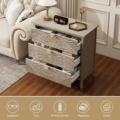Carved 3 Drawer Cabinet with Floral Pattern & Gold Handles, 31.5" W Distressed - Image 5