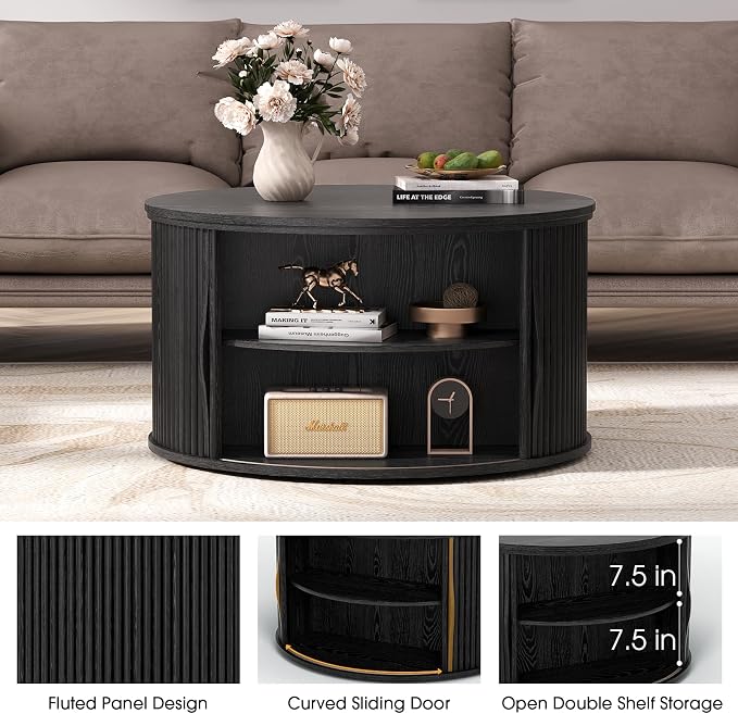 JOINICE 31.5" Black Round Lift Top Coffee Table, Modern Fluted Drum Center Table - Image 3