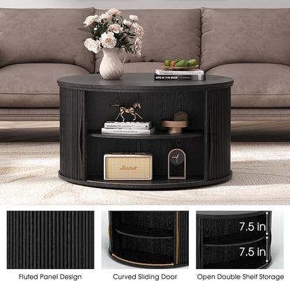 JOINICE 31.5" Black Round Lift Top Coffee Table, Modern Fluted Drum Center Table - Image 3