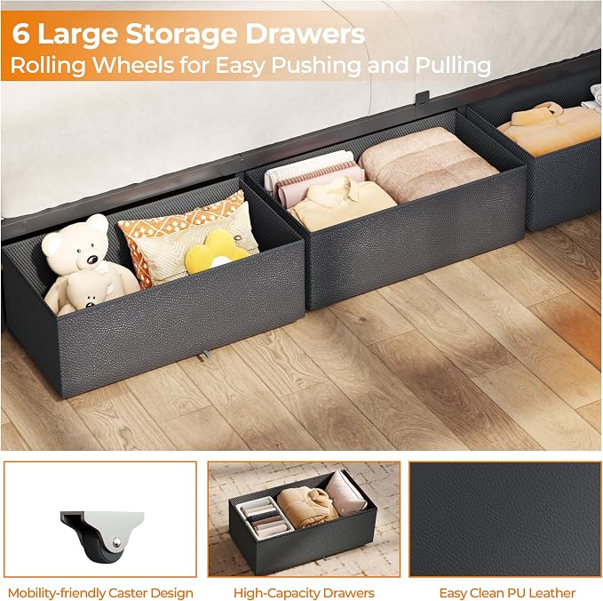 OURPIC Queen Bed Frame, 2-Tier Storage Headboard & 6 Fabric Drawers, PU Leather - Image 7