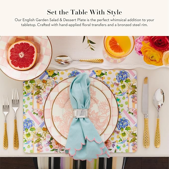 MACKENZIE-CHILDS Enamel Salad and Dessert Plate, Small Plate for Appetizers or Desserts, 8 Inches, Pink-and-White Rosy English Garden