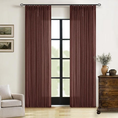 Chestnut Brown 84 Inch Pinch Semi Sheer Pleated Linen Curtains 2 Panel Set | by Twodrapes