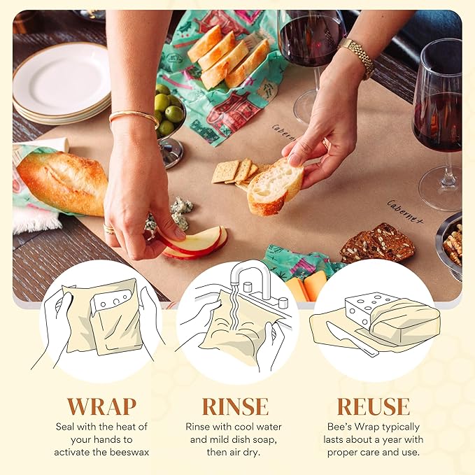 Bee's Wrap Beeswax Wraps for Food - Made in USA Reusable & Organic Food Wraps, Sandwich Wrap & Bowl Covers - Eco-Friendly Alternative to Aluminum Foil, Seasons Greetings 3 Pack (S, M, L)
