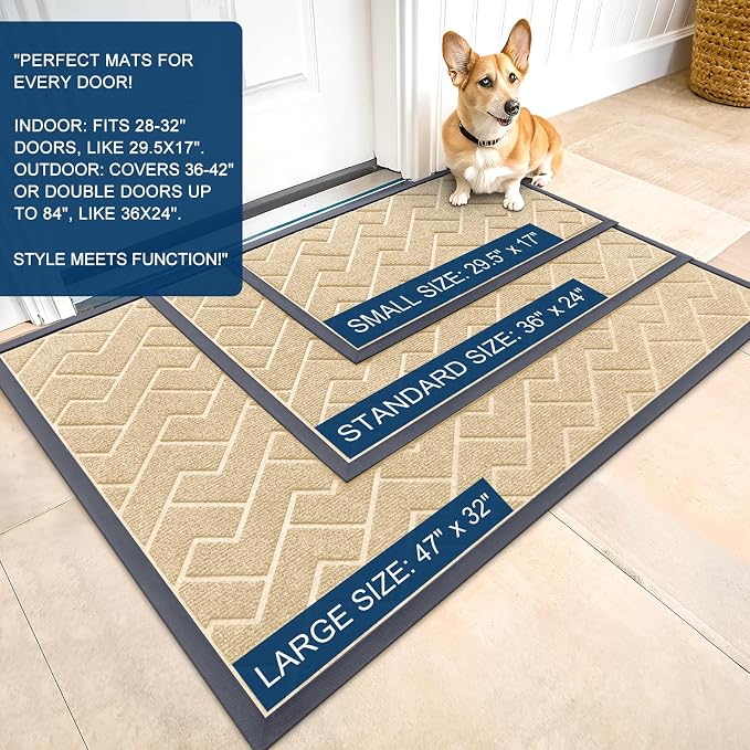 OLANLY Front Door Mat Outside 47x23, All-Season Absorbent Rubber Doormat | Beige - Image 2