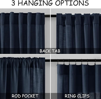 Navy Blue Linen Sheer Curtains 108 Inches Long Back Tab Rod Pocket 2 Panels - Image 3