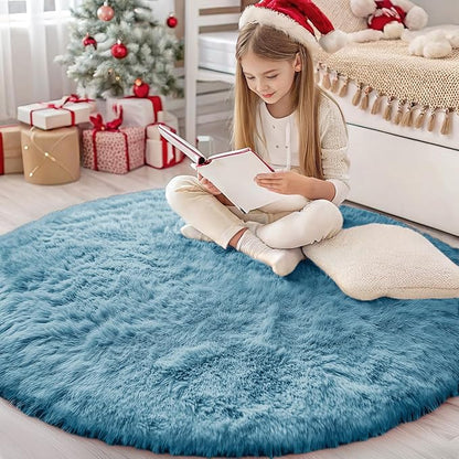 OLANLY Slate Blue Round Rugs for Bedroom by OLANLY