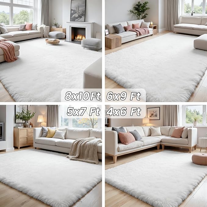 8x10 Fluffy Shag Area Rugs for Living Room Bedroom: Soft Plush Carpet White | - Image 7
