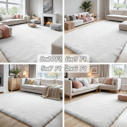 8x10 Fluffy Shag Area Rugs for Living Room Bedroom: Soft Plush Carpet White | - Image 7