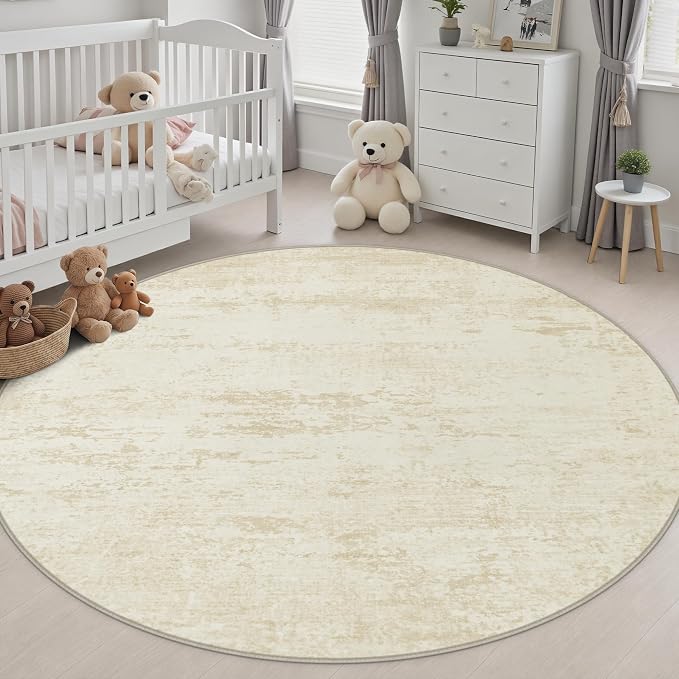 Round Area Rug Living Room: 4 ft Modern Washable Carpet Taupe | - Image 4